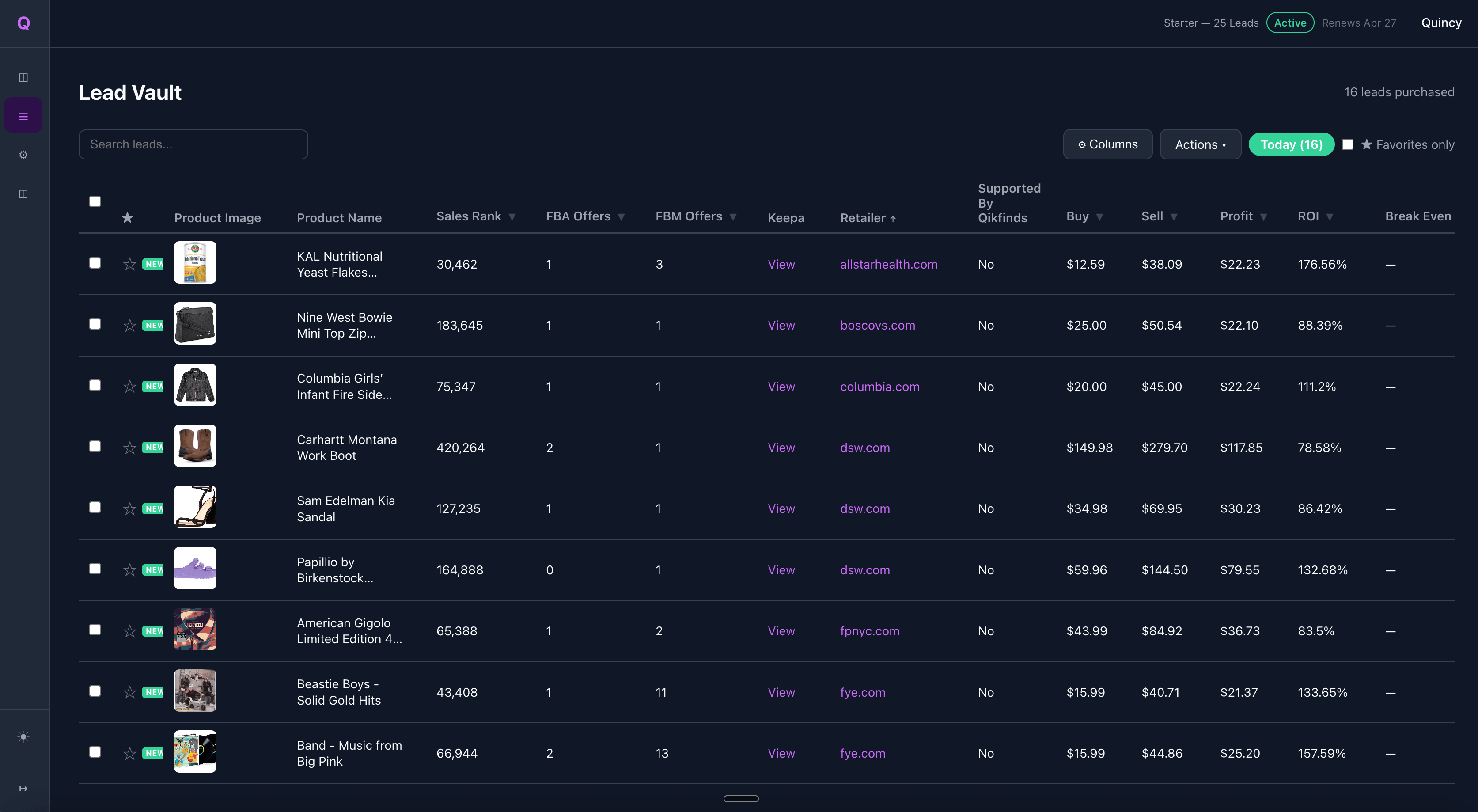 QikLists Lead Vault — your purchased leads, sortable and exportable