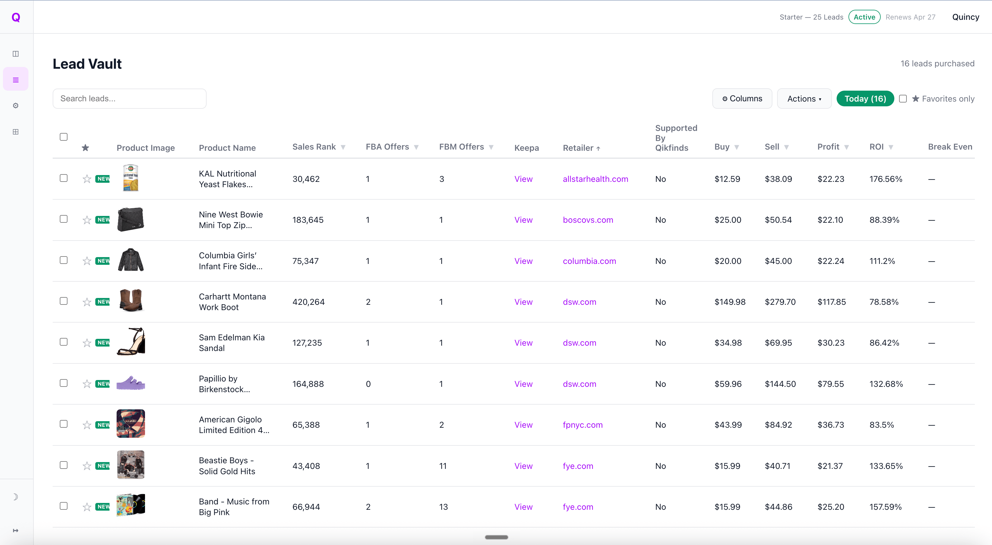 QikLists Lead Vault — your purchased leads, sortable and exportable
